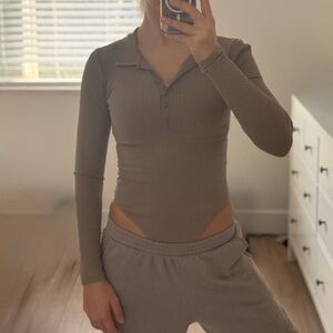 Zara Ribbed Long-Sleeve Polo Bodysuit in Taupe